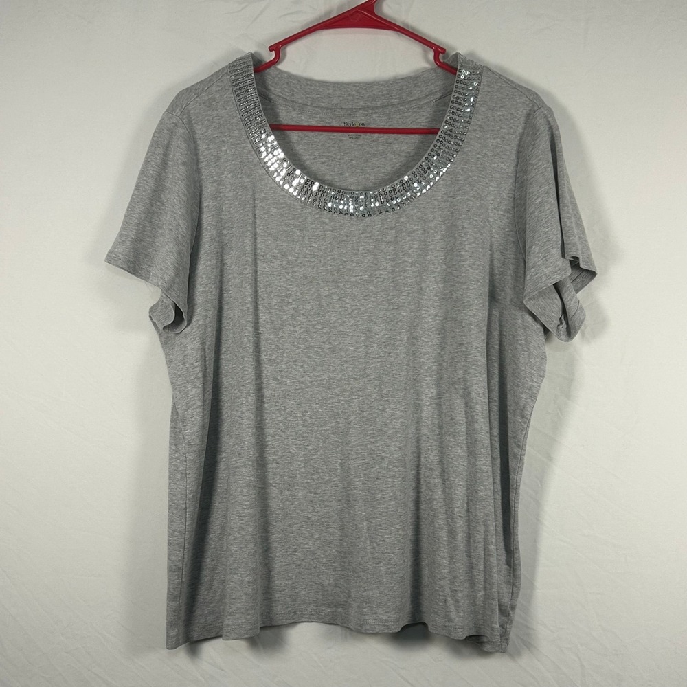 Style & Co Sequin Neck Top Womens 1X Grey Short Sleeve Cotton Tee